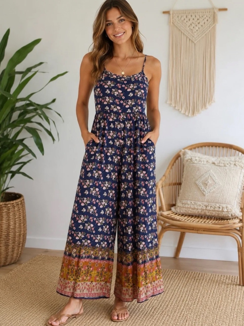 Natural Life Zoe Sleeveless Wide-Leg Jumpsuit Medium Blue Mixed Floral Boho